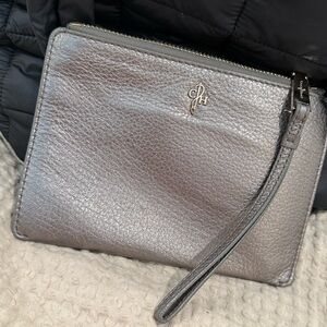 Cole Haan metallic gray pebbled leather zip wristlet